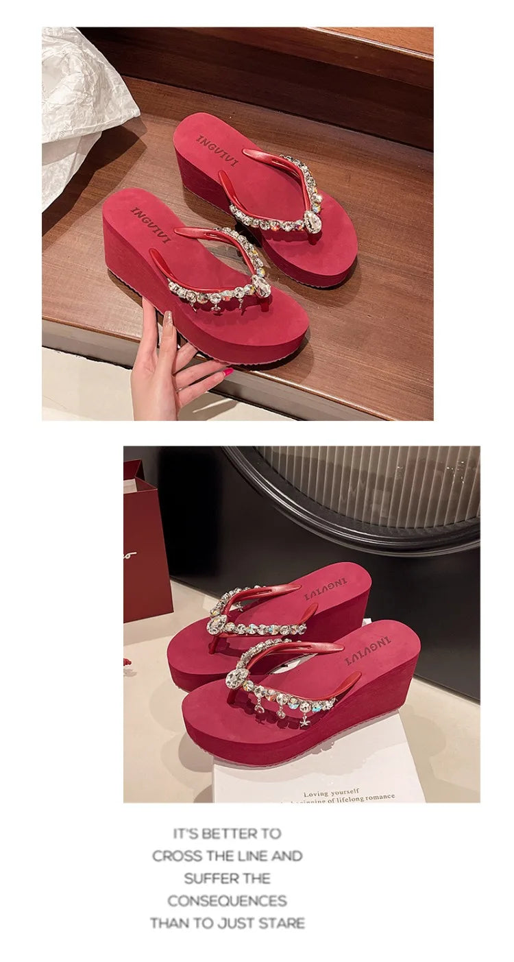 2025 Summer New High-heeled Flip Flops Women's Rhinestone Chain Pendant Thick Bottom Fashionable Clip on Sandals Beach Slippers
