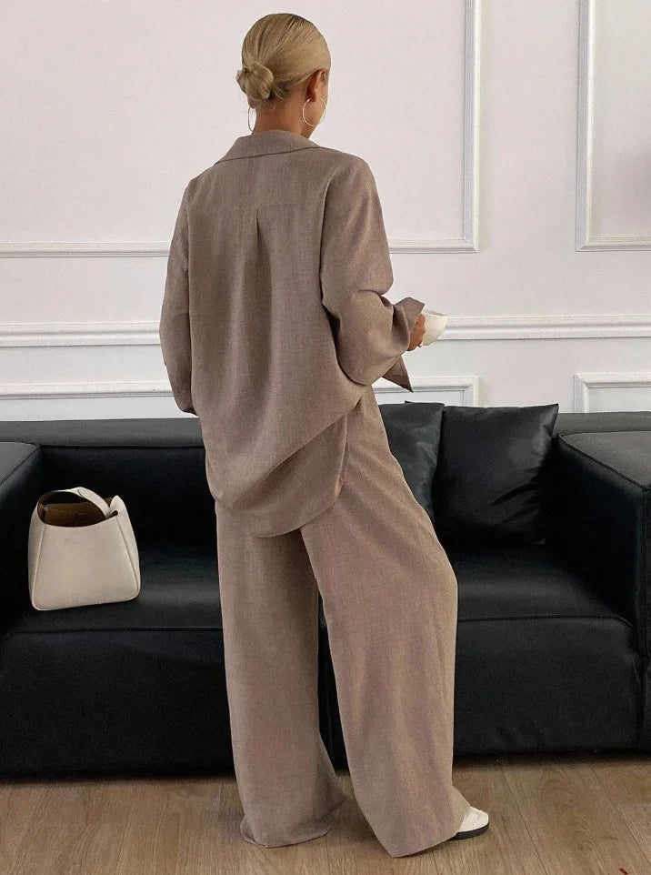 2026 New Women Linen Two Piece Outfit Set Lapel Long Sleeve Button Shirts Elastic Waist Wide Leg Pants Casual Loose Home Suit