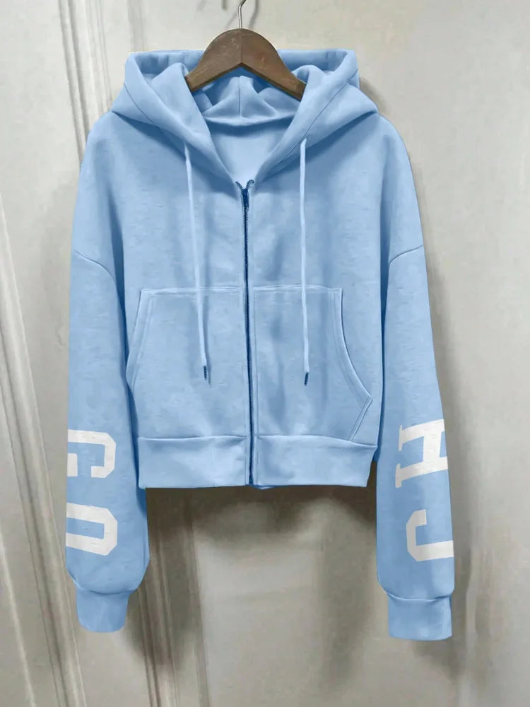 Women Y2K Crop Zip Up Hoodie Letter Print Oversized Long Sleeve Hooded Sweatshirt Casual Streetwear Short Jacket Outerwear