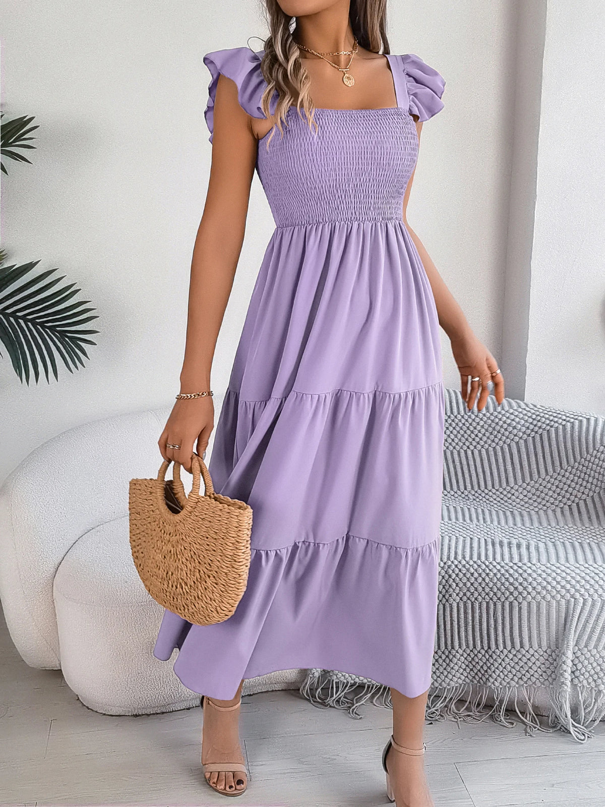Spring Summer Solid Color Edible Tree Fungus Edge Square Neck Sleeveless Holiday Dress Elegant Long Dresses for Women Rose Blue
