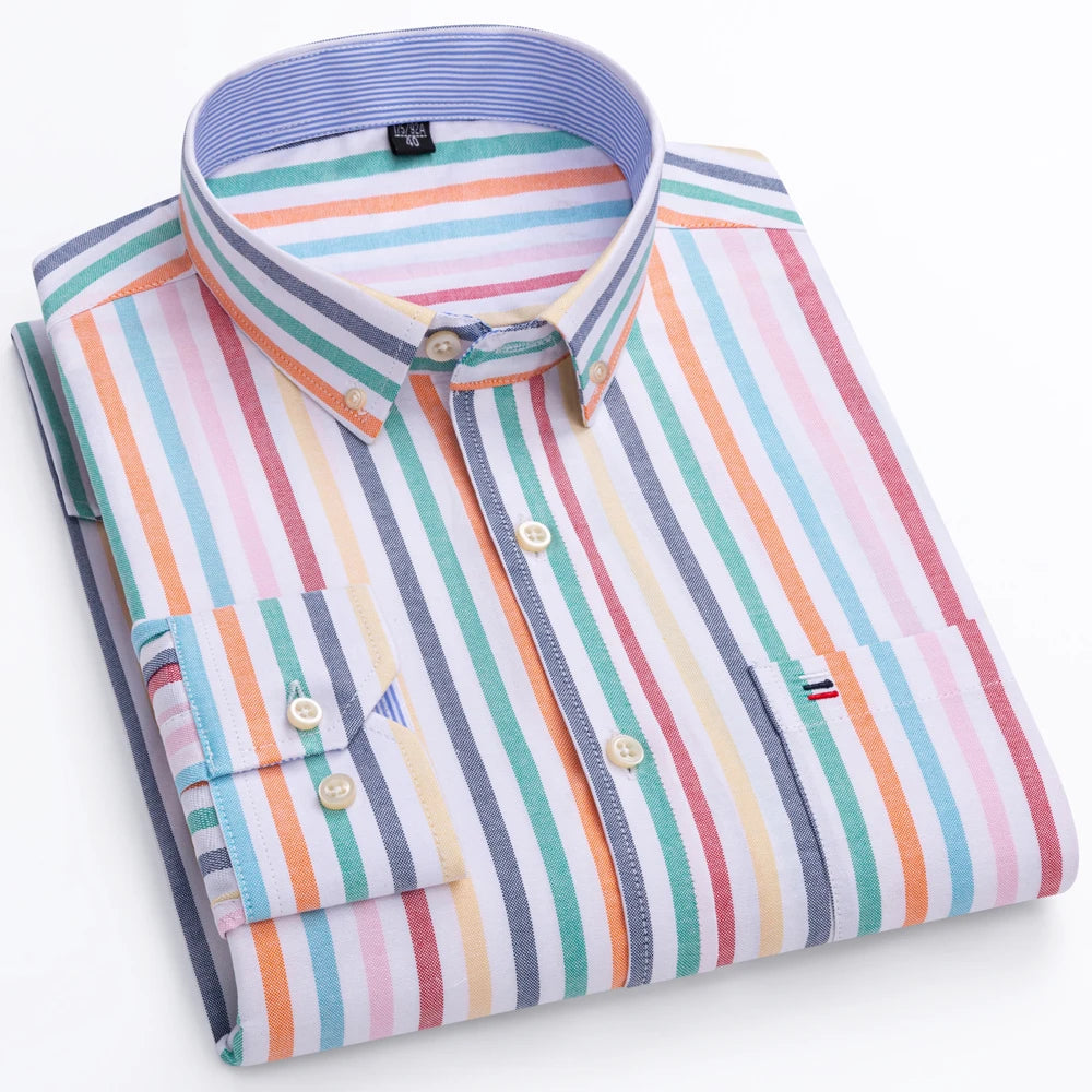 Men's 100% Cotton Contrast Plaid Long Sleeve Oxford Button-Down Shirt with Pocket, Breathable Comfort Regular Fit Casual Wear