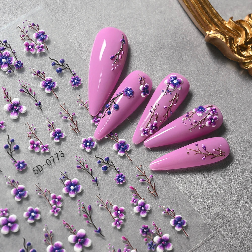 1Pc 5D Embossed Lavender Flower Nail Sticker Spring Floral Leaves Self-Adhesive Sliders Rose Heart Decals Manicure Decoration