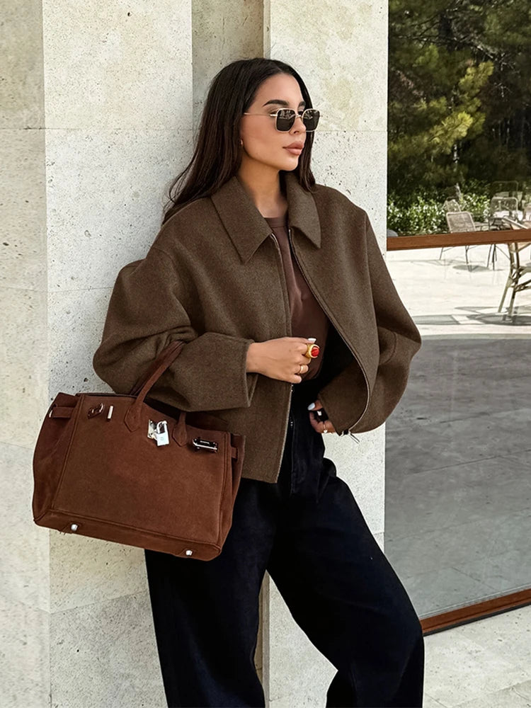 Elegant Women's Woolen Coat Zipper Long Sleeve Blazer Thick Warm Office Lady Tops 2026 Autumn Winter Fashion Short Streetwear