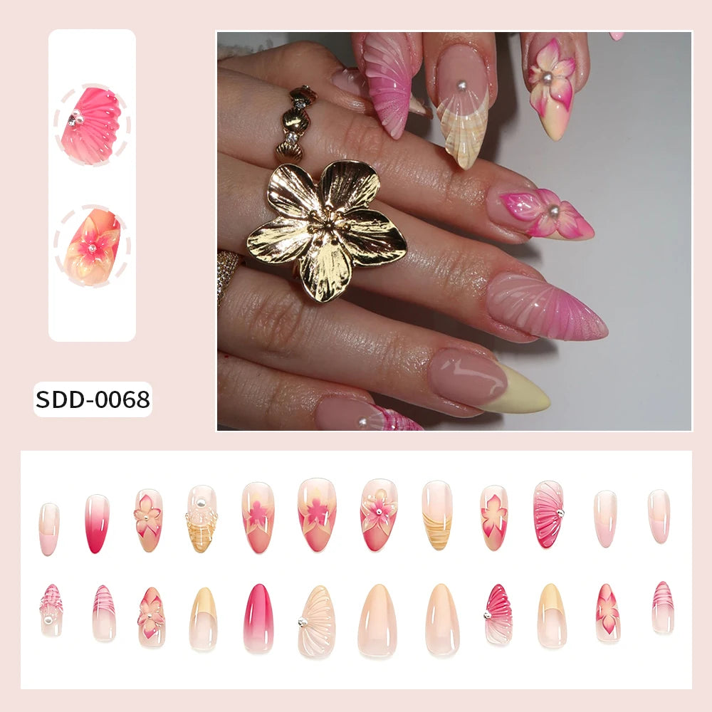 24pcs Mid-length Almond Wearable Press on Nails Gradient Pink Flower Pearl Design False Nails French Petal Fake Nails Tips