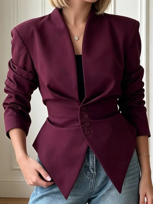 Chic Women's Pleated Waist Cinched Jacket Casual Asymmetric V Neck Single Breasted Lace Up Slim Coat Lady Commute Streetwear