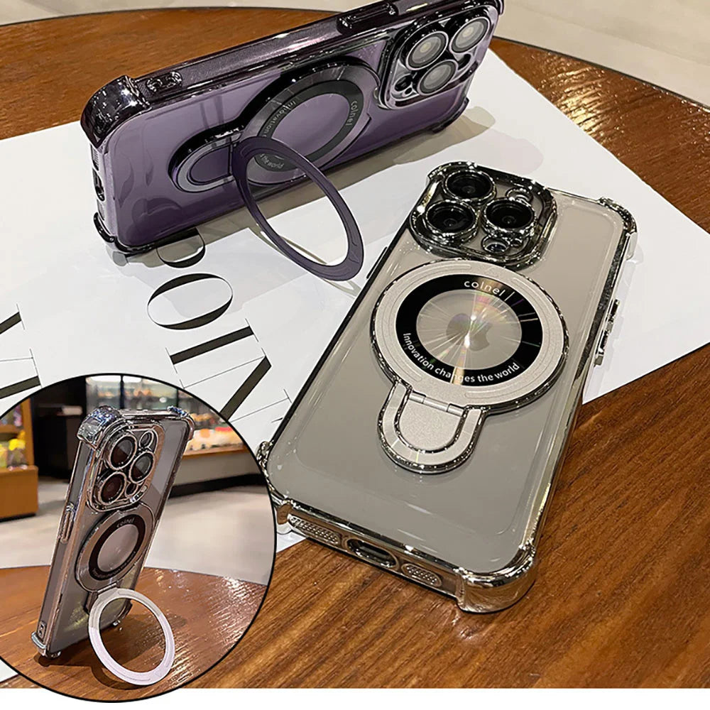 Luxury Plating Shockproof Magnetic Bracket For Magsafe Clear Case For iPhone 16 15 14 13 12 11 Pro Max With Holder Stand Cover