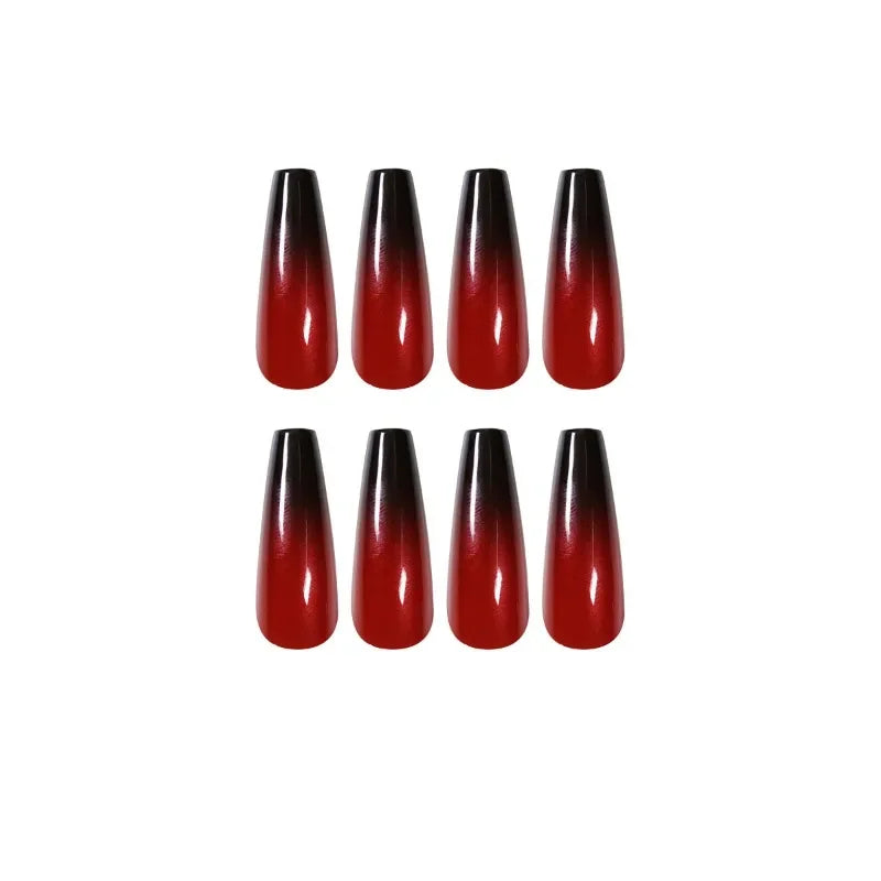 24pcs Red Black Gradient Acrylic Fake Nails Long Ballet Coffin Decorated False Nails with Glue Manicure Reusable Press on Nails