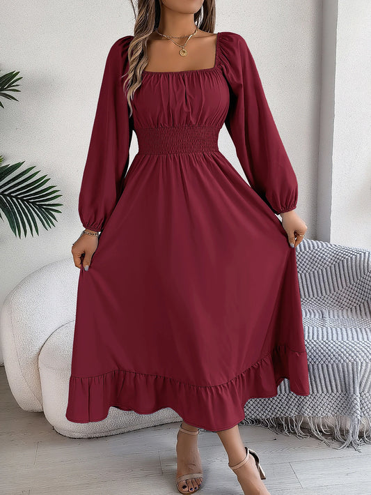 Spring Summer Elegant High Waist Square Neck Long Sleeve Ruffled Edge Long Dress for Bridesmaids Red Blue Khaki Women Clothing