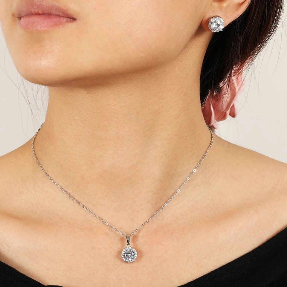 ZAKOL Exquisite Shiny Zircon Water Drop Round Earring Necklaces for Women Romantic Wedding Engagement Jewelry Set With Gift Box