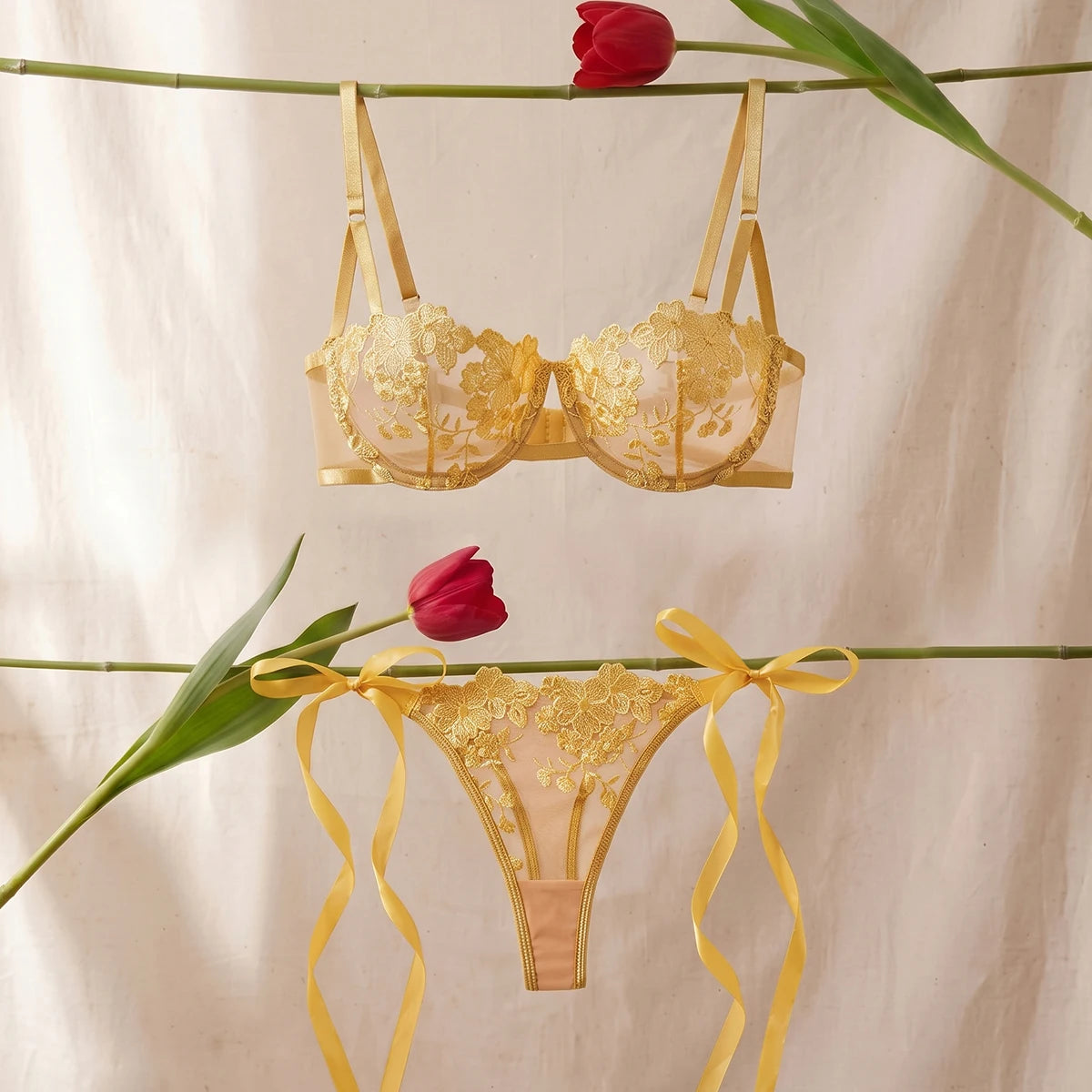 Women 2 Piece Lingerie Set Gold Floral Embroidery Sheer Mesh Balconette Bra and Panty Set Ribbon Tie Sides