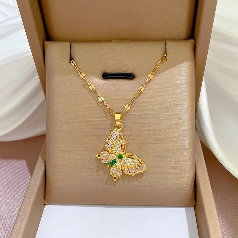 Fantastic Crystal Gold-Color Butterfly Necklace For Women Rhinestone Symmetrical Pendant Accessories Party Jewelry Gifts
