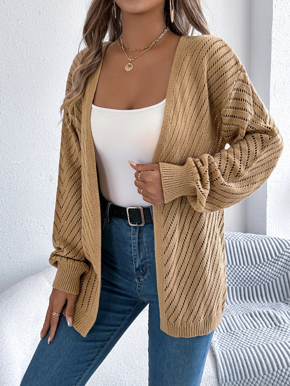 Women Solid Color Knitted Cardigan Sweaters 2026 Autumn Winter Casual Hollow Out Lantern Long Sleeve Coats Khaki White Black