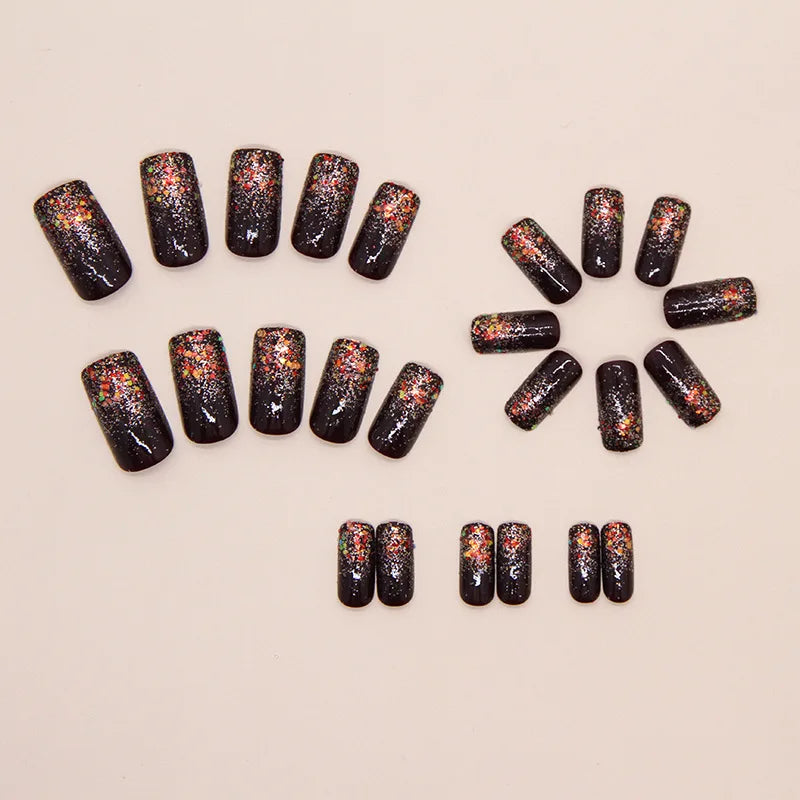 24pcs/set medium long fake nails square ballet nail tips glitters starry sky moon star feather design press on false nail art