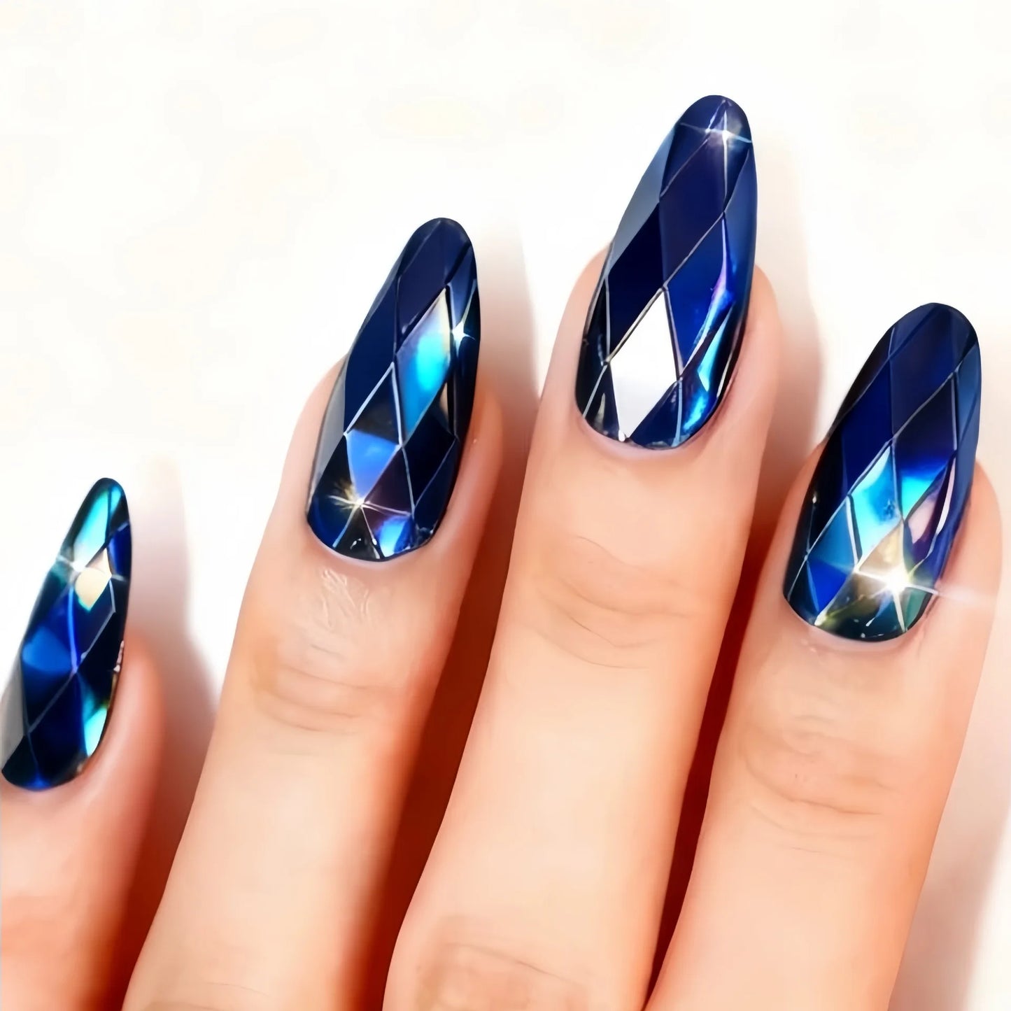 Medium fake nails for women girl glossy Metallic Holographic Plated 3D rhombus design dark blue pink press on acrylic false nail