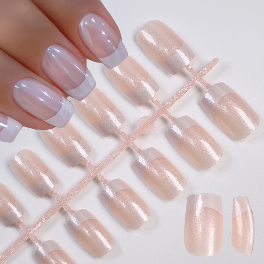 120Pcs French Pearlescent Short Square False Nails Acrylic Full Cover Artificial Press On Nails Glossy Fake Nails Extension