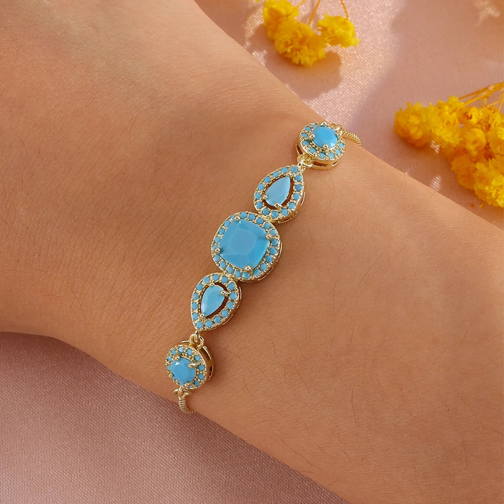 ZAKOL Gold Color Elegant Geometric Water Drop Turquoise Adjustable Chain Bracelet for Women Fashion Party Jewelry Gift
