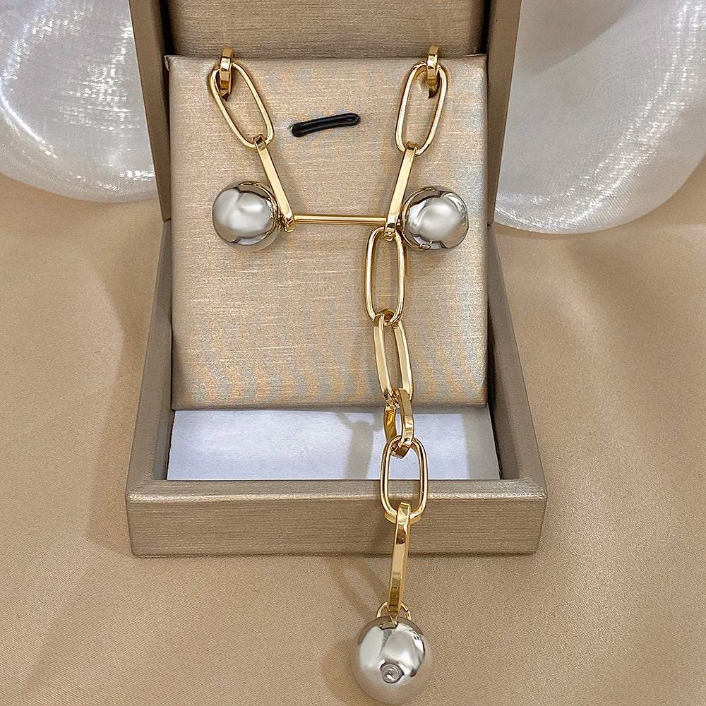 Trendy Women's Necklace Gold Color Metal Long Chain Pearl Round Beads Pendant Necklace Statement Party Daily Jewelry Gift
