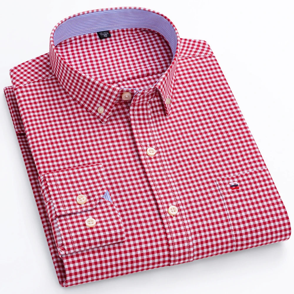 Men's 100% Cotton Contrast Plaid Long Sleeve Oxford Button-Down Shirt with Pocket, Breathable Comfort Regular Fit Casual Wear
