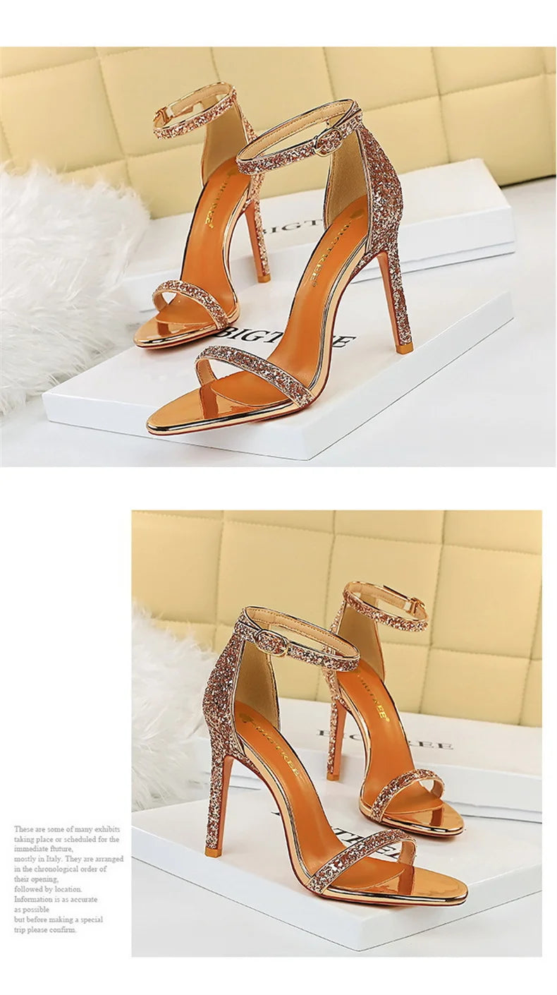 2024 New Women Classic High Heels Hollow Sandals Sparkling Sequins Stiletto Female Summer Pumps Gentle One Word Belt  829-3