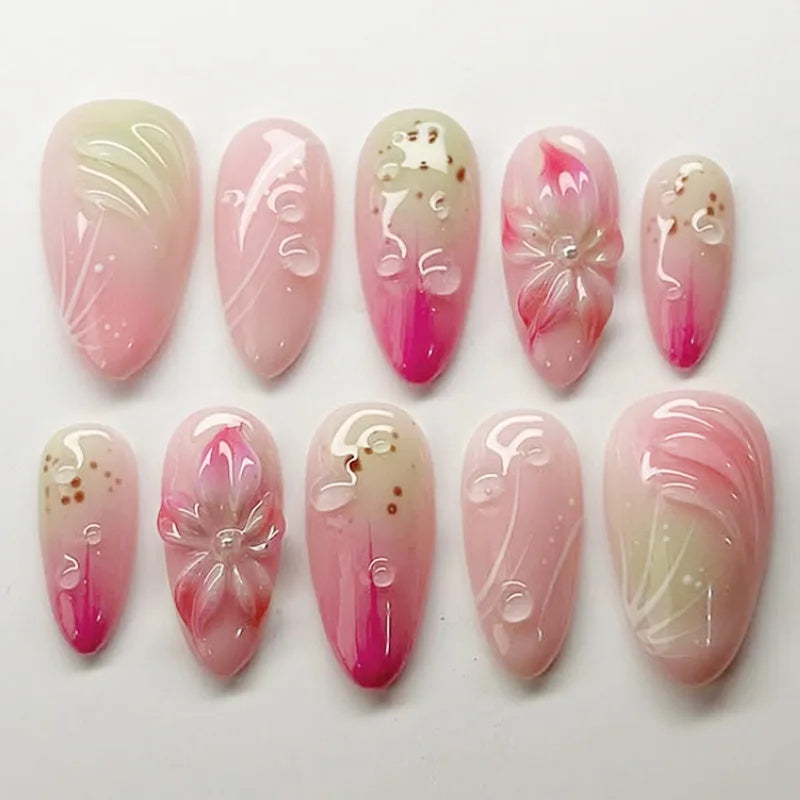 24Pcs Mid-length 3D Flowers Design Fingertips Sweet Butterfly Yellow Ripple Almond False Nails Detachable Full Cover Press Ons