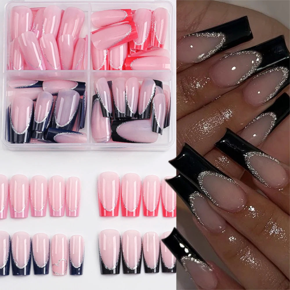 96Pcs French Almond Full Cover Fake Nail with Leopard Print Design 3D Bow Star Long Stiletto False Nails Women Press on Nails