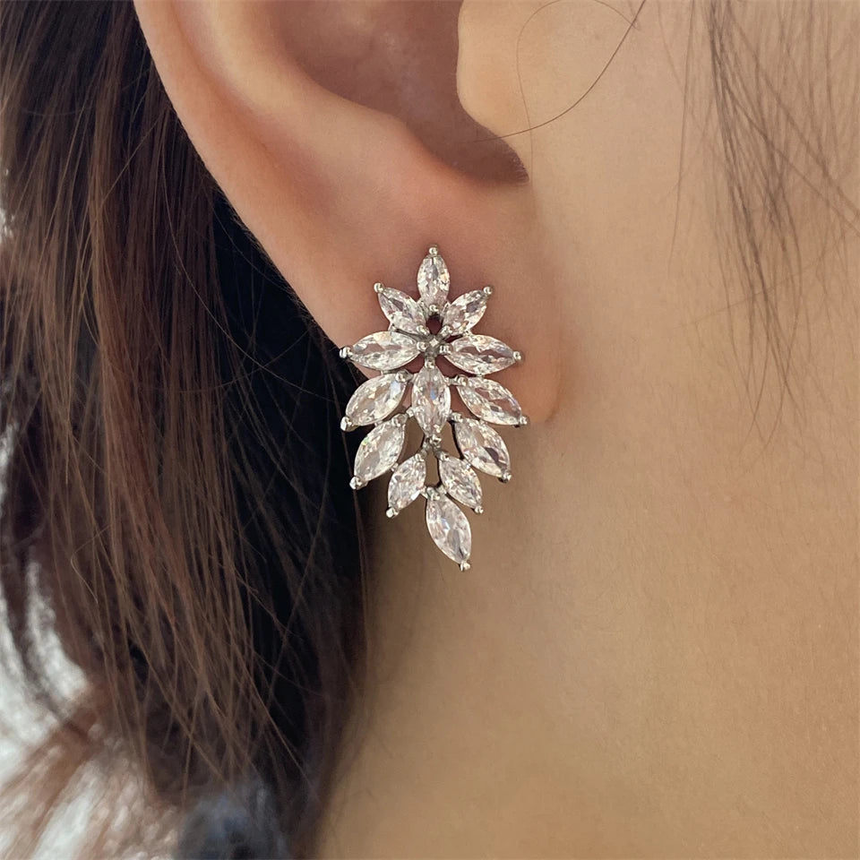 ZAKOL Luxury Leaf Marquise Zircon Bridal Earrings for Women White Shiny Crystal Elegant Wedding Party Jewelry
