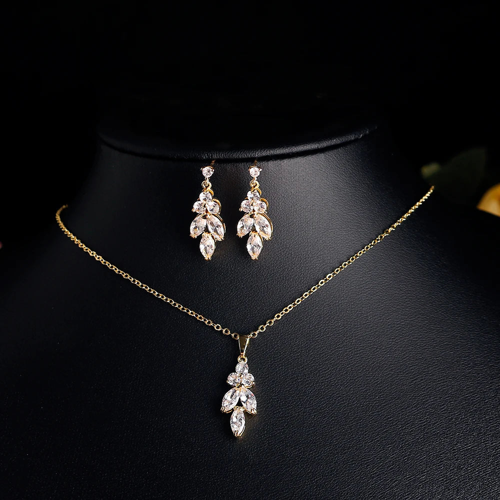 ZAKOL Classic AAA Cubic Zirconia Leaf Dangle Earrings&Necklace Set Sliver/Gold/Rose Gold Color Wedding Party Jewelry Accessories