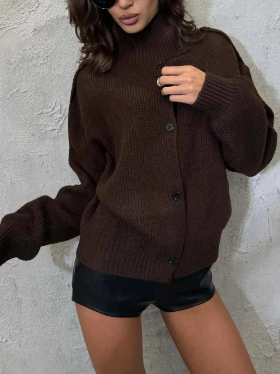Casual Solid Knitted Cardigan For Women Long Sleeve Button Turtleneck Loose Warm Soft Sweaters Fashion Autumn Winter Outerwear