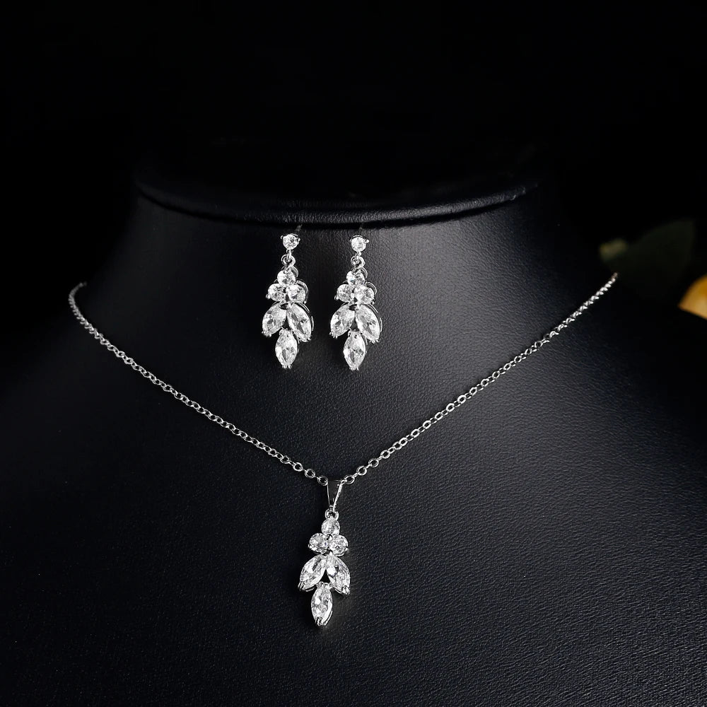 ZAKOL Classic AAA Cubic Zirconia Leaf Dangle Earrings&Necklace Set Sliver/Gold/Rose Gold Color Wedding Party Jewelry Accessories