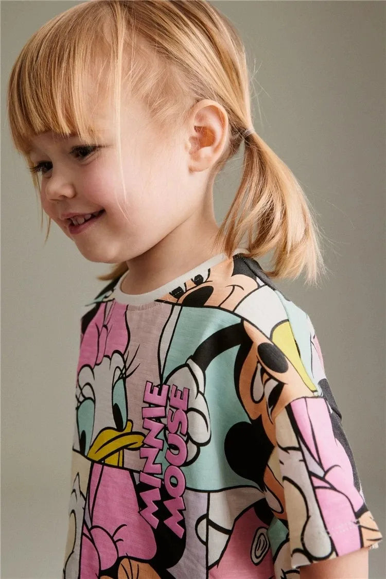 Disney Cartoon Printed Girls Clothes Short Sleeve Tracksuit Summer Clothing