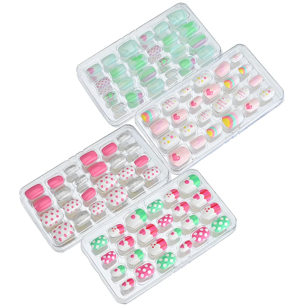 24pcs/box Candy Kids False Nail Cartoon Full Cover Press On Fake Nails Tips Kawaii Acrylic Artificial Fingernails for Girls
