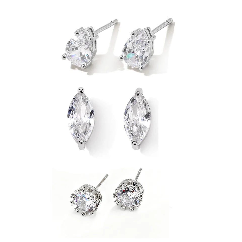 ZAKOL 6pcs/set Sliver Gold Color Shiny Clear Zircon Stud Earrings Water Drop Marquise Round CZ Ear Accessories for Women Girls