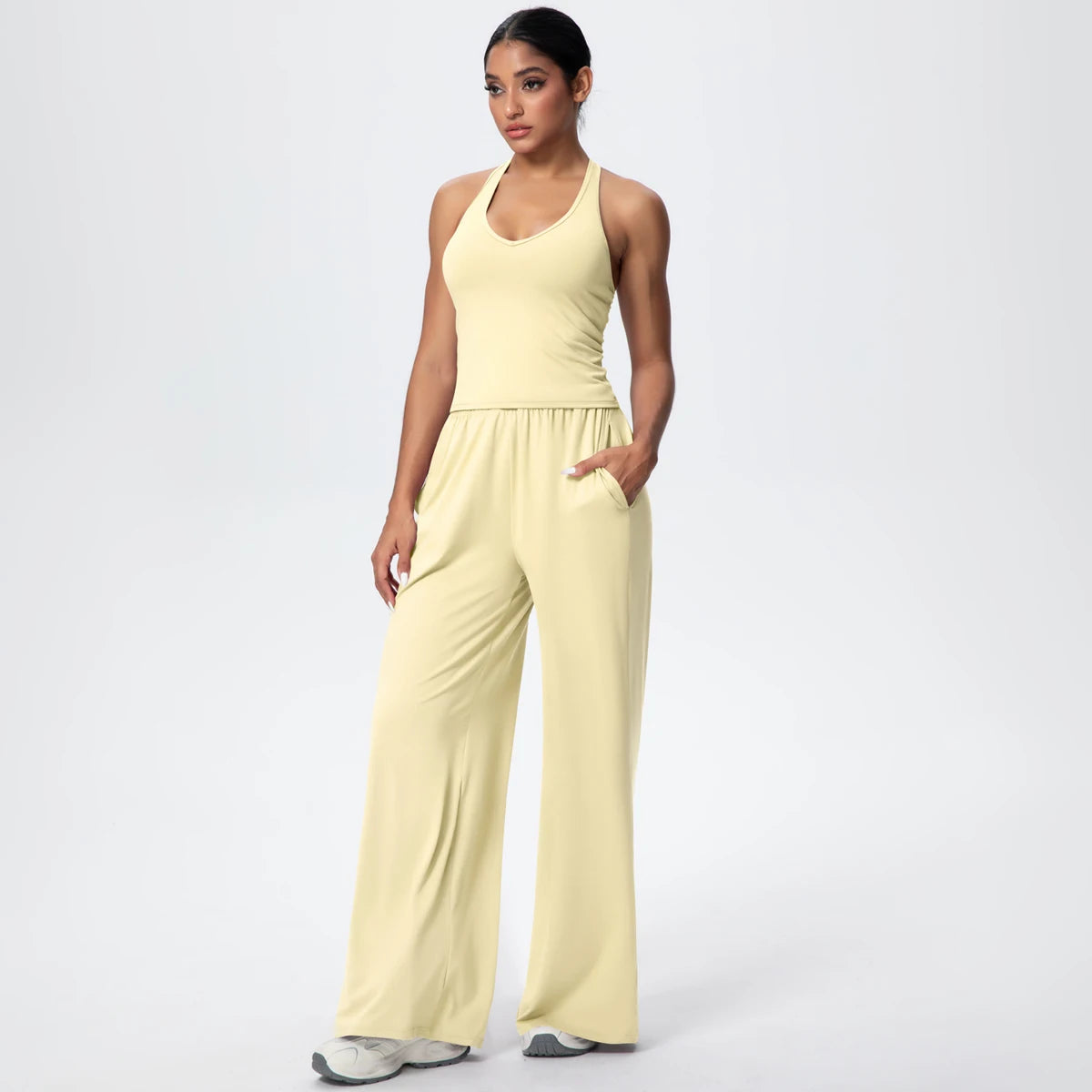 Breathable Loose Wide Leg Pants and Yoga Vest Set Solid Color High Stretch Pockets Pants Beautiful Back T-shaped Vest Yoga Suit