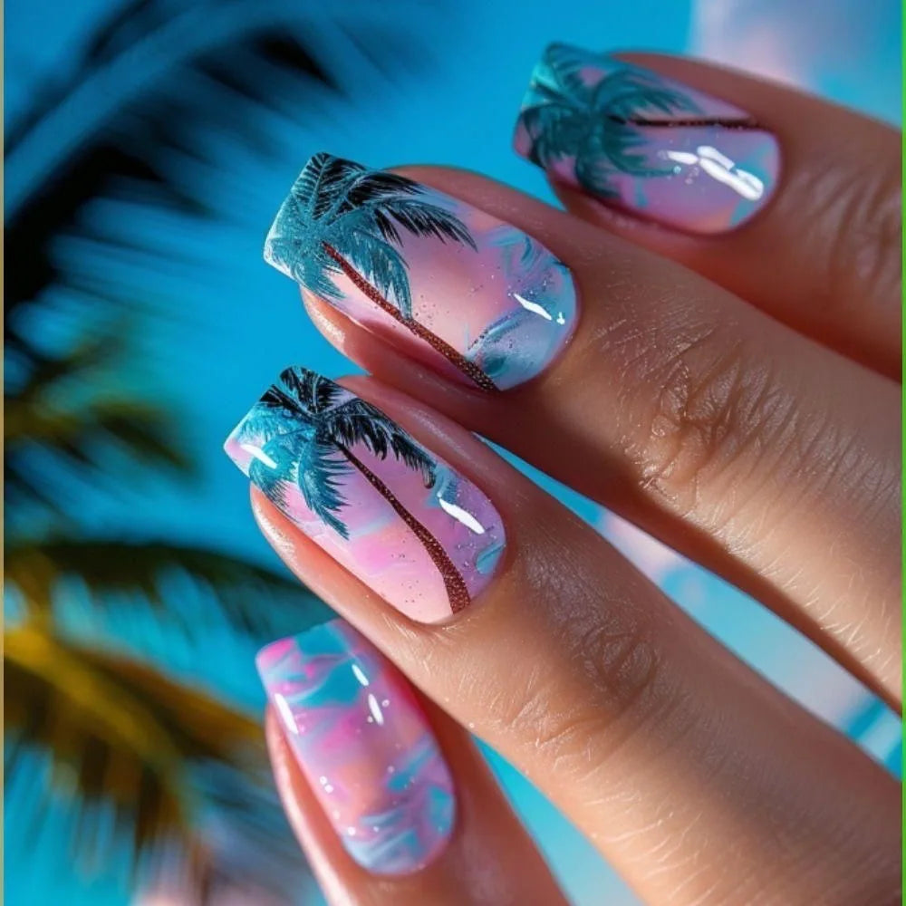 24pcs Short Square Press on Nails Jade Flower Sparkling Powder Designs Fake Nails with Glue Green Gradient Full Cover Nail Tips