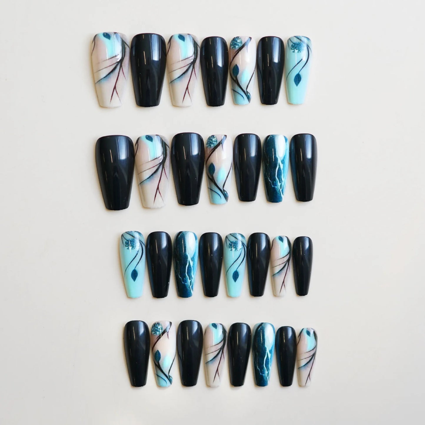 Medium long fake nails Blue pink flowers leaf for Spring summer ballet shape full cover reusable ABS Press-On Artificial Nails