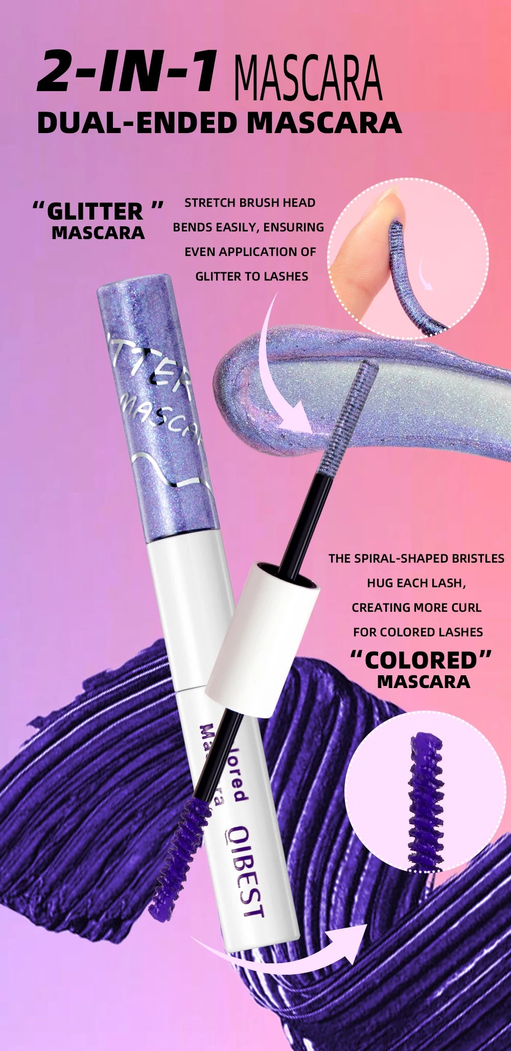 QIBEST 2 In 1 Diamond Glitter Mascara Lasting Colored Mascara Eyelashes Thickening Voluminous Double Ended Waterproof  Mascara
