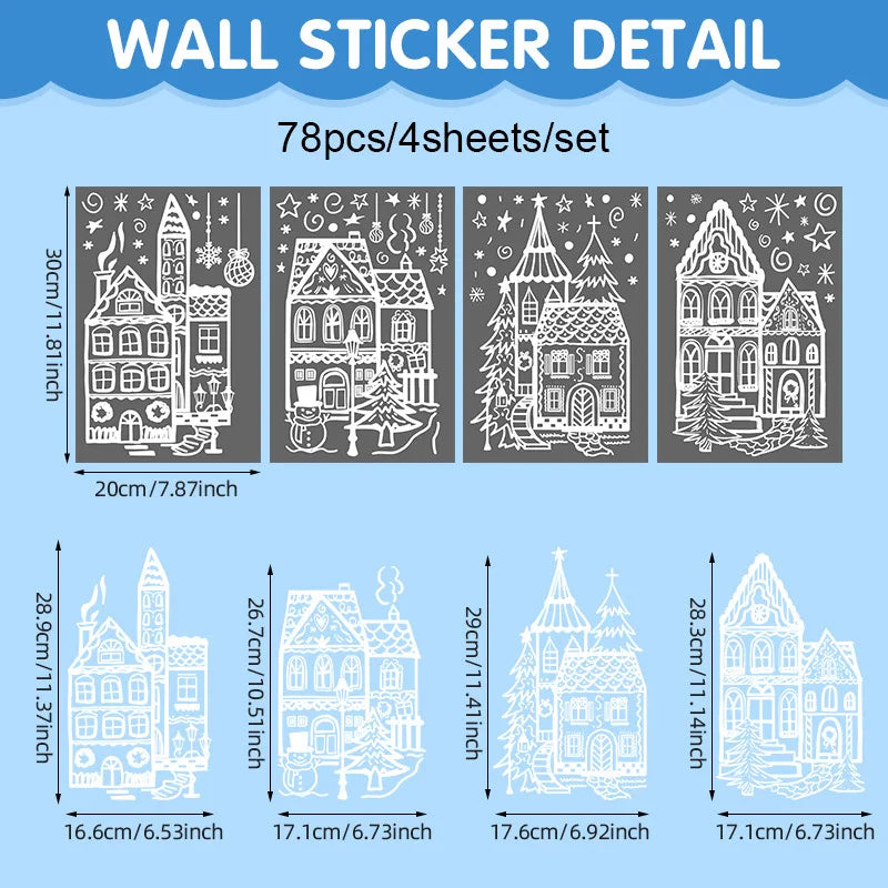 4 Sheets Christmas Window Clings, White Line Art Winter Town House Snowman Glass Decals, Xmas Holiday Removable Window Stickers
