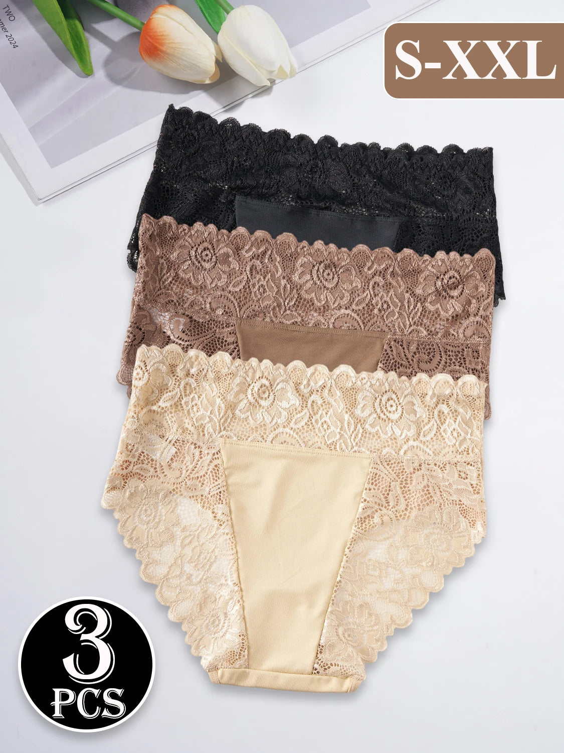 3PCS New High Waist Comfortable Women's Underwear Exquisite Floral Lace Details Briefs Solid Color Panties Casual Daily
