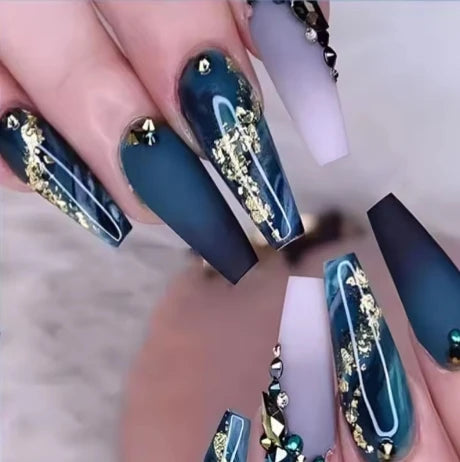 24Pcs Dark Blue Square Head Press on False Nails 3D Ocean Mid-length Fake Nail Wearable Finished Manicure Full Cover Nail Tips