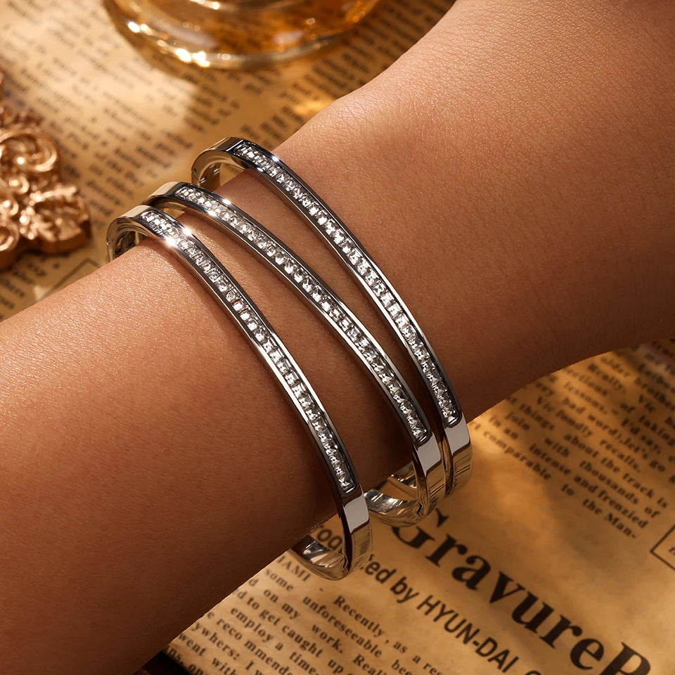 ZAKOL Exquisite Micro Paved Crystal Zirconia Thin Bracelet Bangles for Women Personalized Stainless Steel Stacked Jewelry