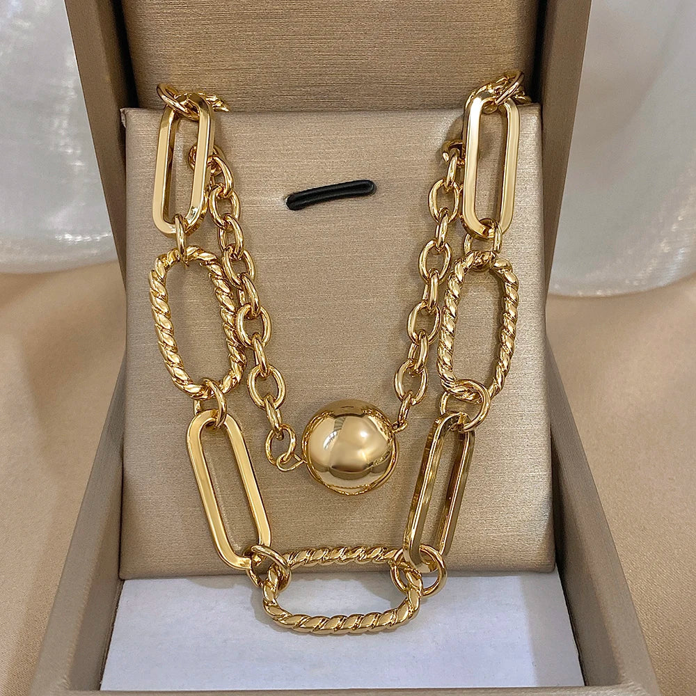 Flashbuy Chunky Multilayer Alloy Gold Color Chain Ball Pendant Necklaces for Women Statement Daily Fashion Jewelry