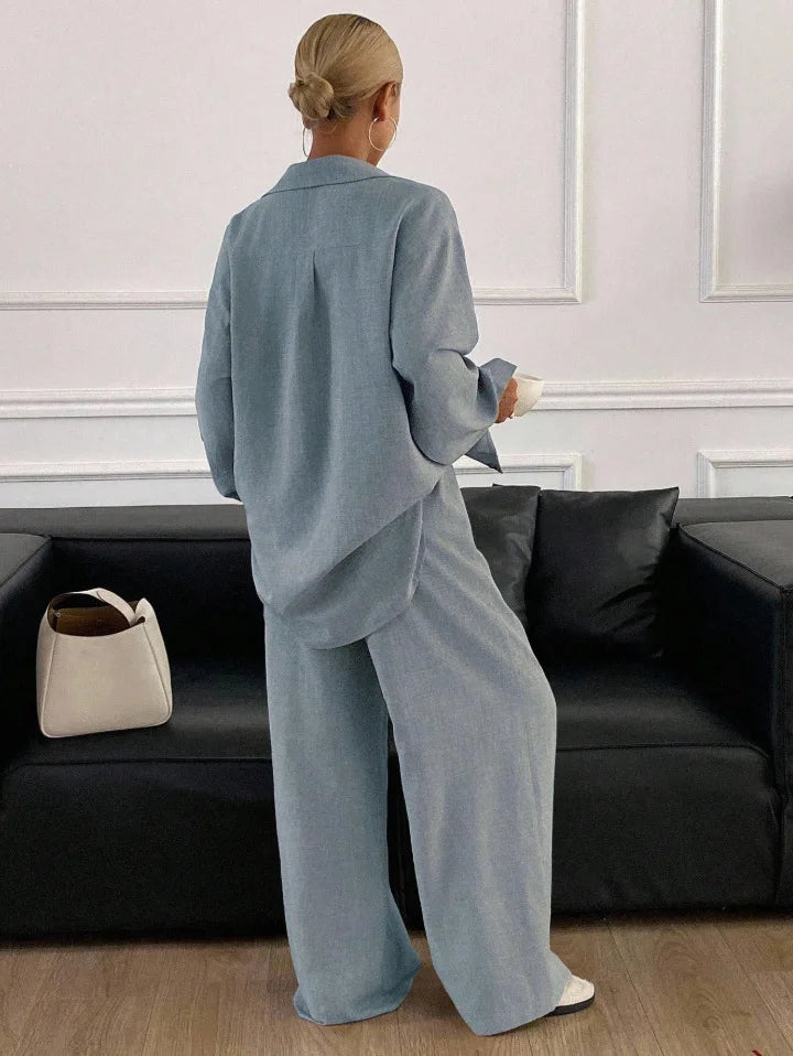 2026 New Women Linen Two Piece Outfit Set Lapel Long Sleeve Button Shirts Elastic Waist Wide Leg Pants Casual Loose Home Suit