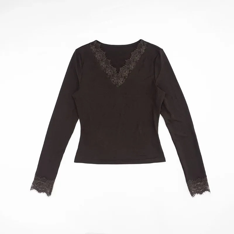 Women Lace Patchwork V Neck Long Sleeve T Shirt Ribbed Slim Fit Basic Undershirt Elegant Lace Trim Cuff Stretch Base Layer Tops