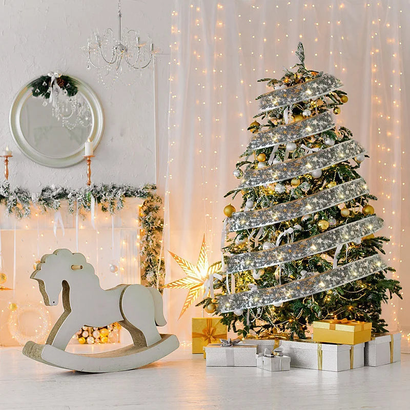 1pc Christmas Gilding Double Ribbon Christmas Ribbon LED String Lights Christmas Decorations Party Decorations Christmas Pendant
