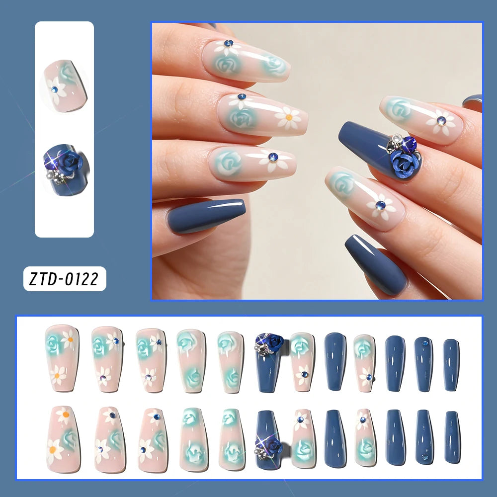 24Pcs Mid-length Ballet Fake Nails Blue Flower Design Wearable Press on Nails Women Floral Medium Square Full Cover False Nails