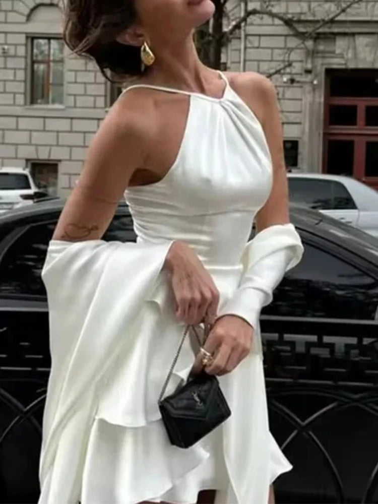Elegant Satin Ribbons Cape Party Dress Women's Sexy Backless Solid Slim Ruffle Mini Dresses Female 2026 Evening Birthday Club Go