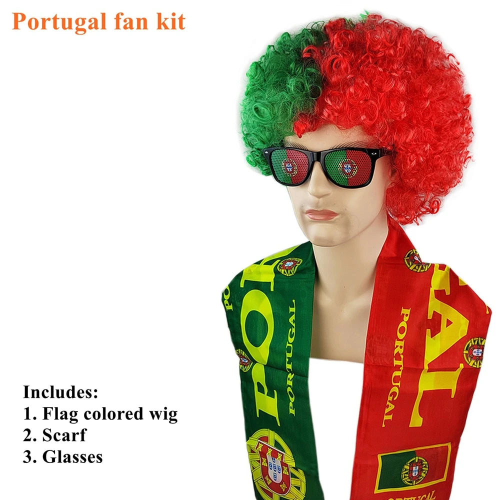 National Flag Color Explosion Wig Set - طقم باروكة مشجعين بألوان الأعلام مع وشاح ونظارات