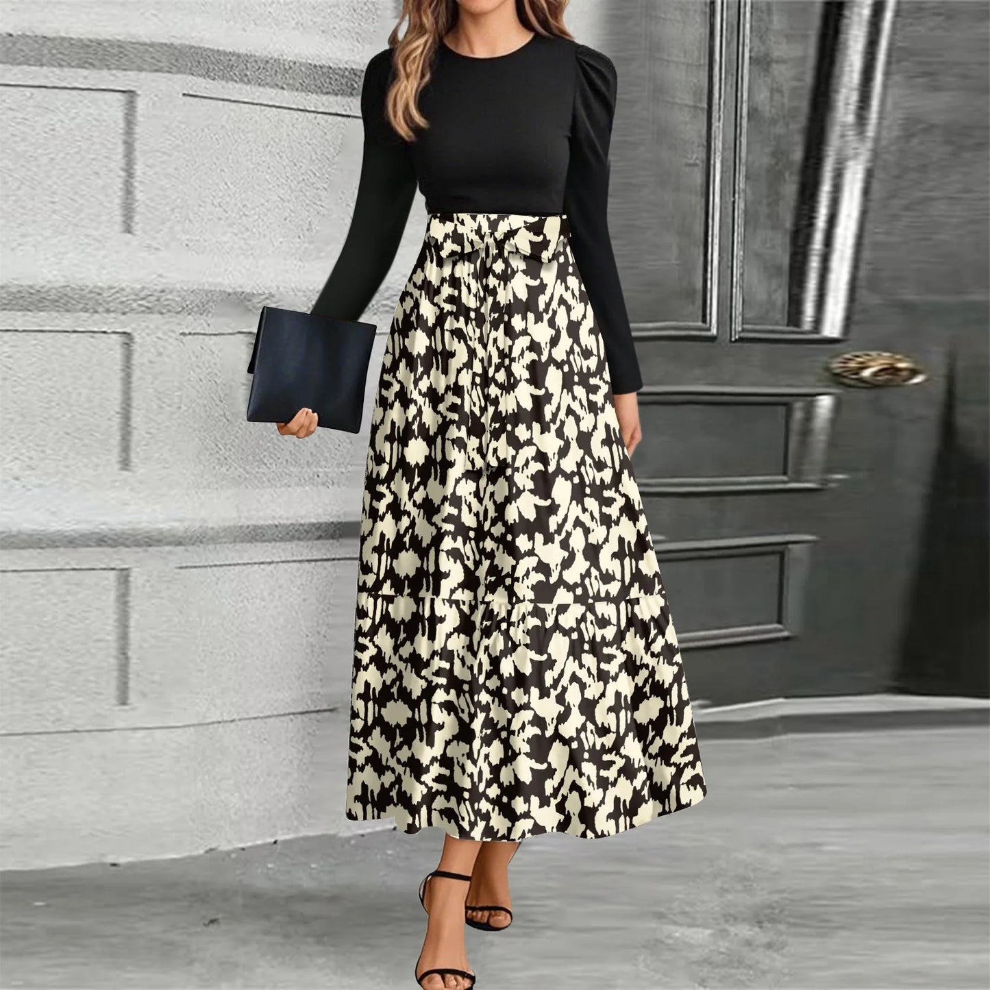 Printed High-Waist Long Sleeve Maxi Dress – O-Neck 2026