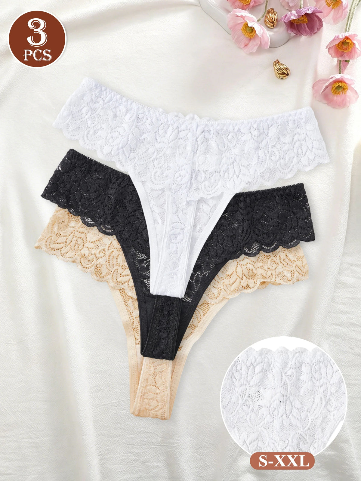 3PCS Women Floral Lace Thong Panties Low Waist Breathable Semi-Sheer G-string Sexy Intimates Underwear S-XXL