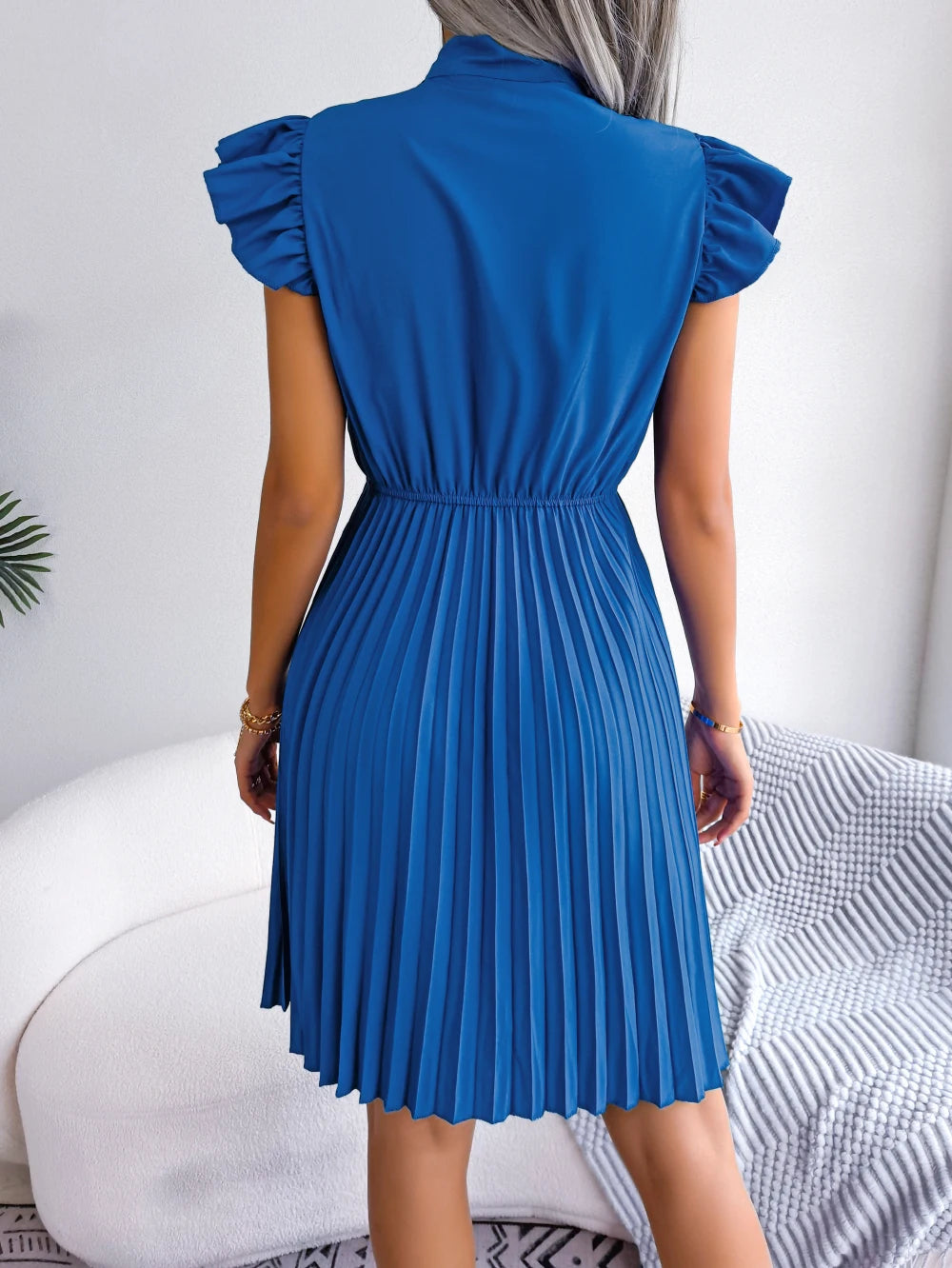 Elegant Bow Tie Pleated Dress 2026 Women Summer Solid Color Ruffles Short Sleeve Mini Dress Green Red Black Blue Woman Clothing